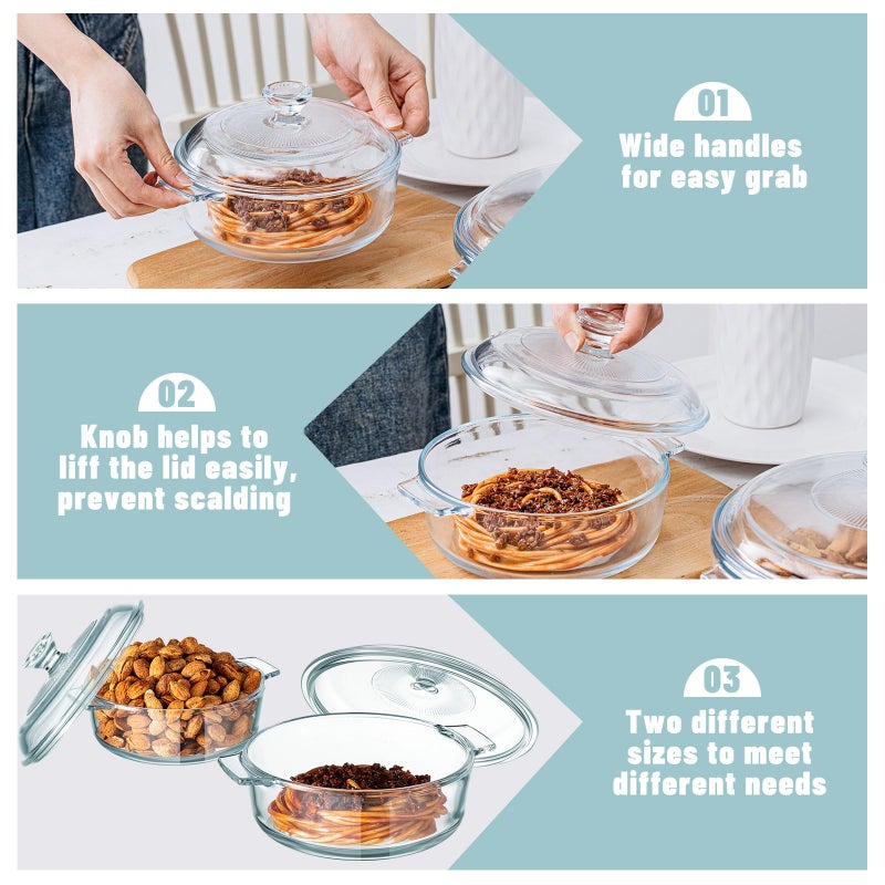 Maxcheck 2 Pieces Glass Casserole Dish with Lid 0.8L/ 1.5L Baking Casserole Dish Covered Cookware Microwave Bowls with Handle for Kitchen Restaurant Home Party Cooking, Oven Safe (Square) - Image 3