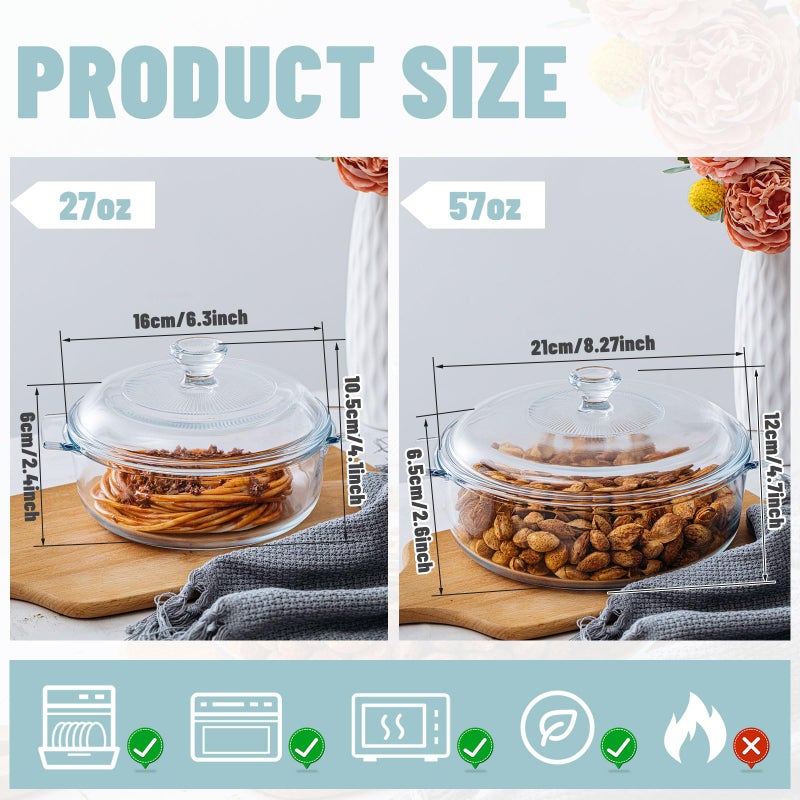 Maxcheck 2 Pieces Glass Casserole Dish with Lid 0.8L/ 1.5L Baking Casserole Dish Covered Cookware Microwave Bowls with Handle for Kitchen Restaurant Home Party Cooking, Oven Safe (Square) - Image 2