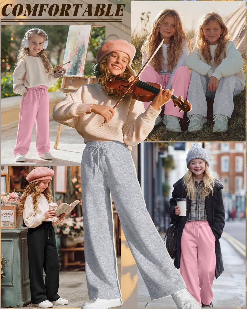 LessonZoo Teen Girls Sweatpants Wide Leg Drawstring Baggy Pants Straight Leg Athletic Trousers with Pockets Size 5-14(Pink, Light Heather Gray, Black,9-10 Years) - Image 2