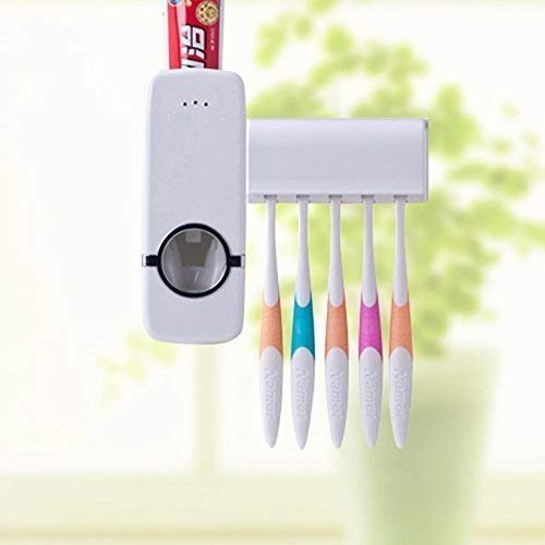 Vroxy Plastic Automatic Wall Mounted 5 Toothpaste Dispenser Hands Free Dust Proof Automatic Toothpaste Dispenser Holder for Bathroom (1Pcs) - Image 1