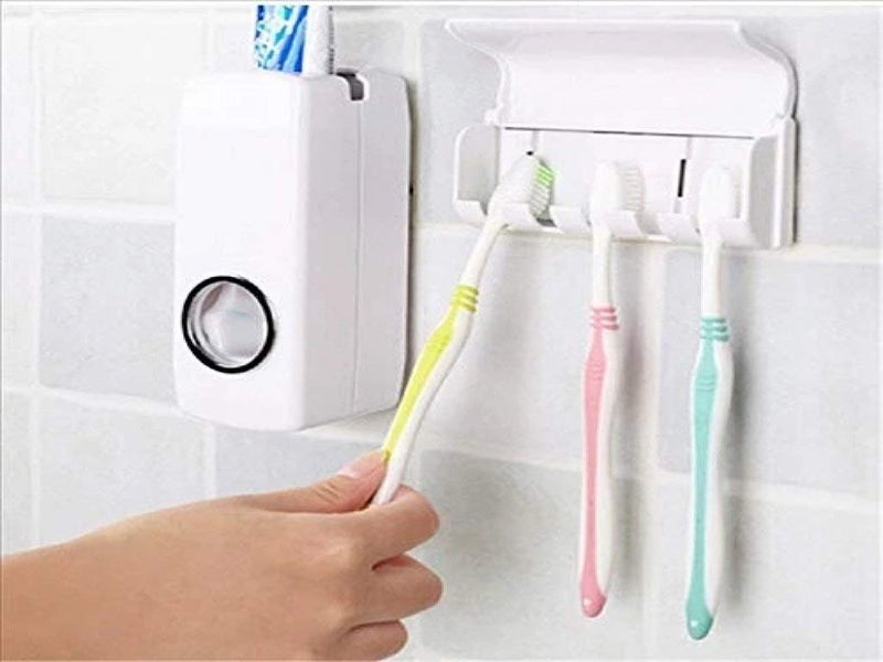 Vroxy Plastic Automatic Wall Mounted 5 Toothpaste Dispenser Hands Free Dust Proof Automatic Toothpaste Dispenser Holder for Bathroom (1Pcs) - Image 4