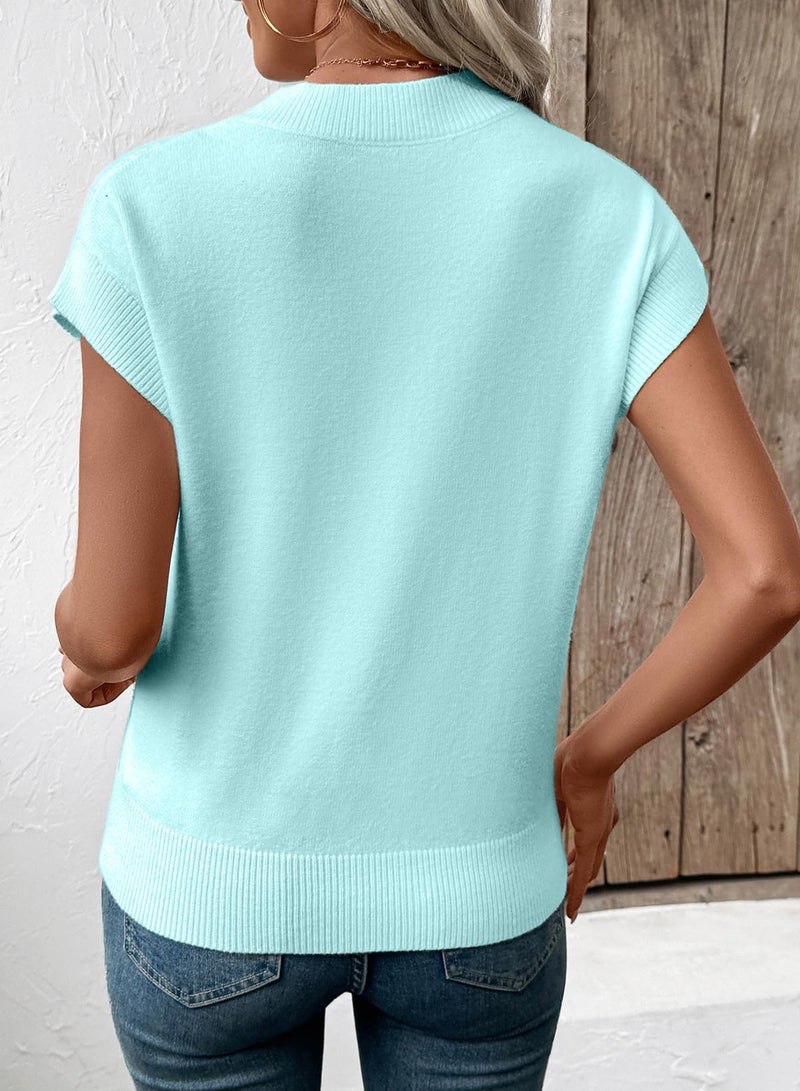 EVALESS Sweater Vest Women Round Neck Short Sleeve Color Block Checkered Knit Tops Lightweight Sweaters Womens Work Casual Teacher Trendy Clothes 2026 Fall Outfits Blue Large - Image 3