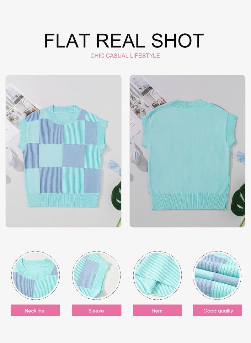 EVALESS Sweater Vest Women Round Neck Short Sleeve Color Block Checkered Knit Tops Lightweight Sweaters Womens Work Casual Teacher Trendy Clothes 2026 Fall Outfits Blue Large - Image 5