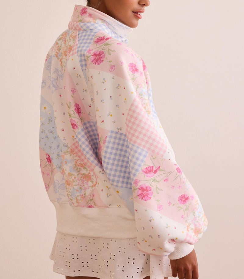 Mieeyali Women Oversized Floral Patchwork Sweatshirt Y2k Button Balloon Sleeve Pullover Top Aesthetic Going Out Sweatshirts (Pink, S) - Image 2