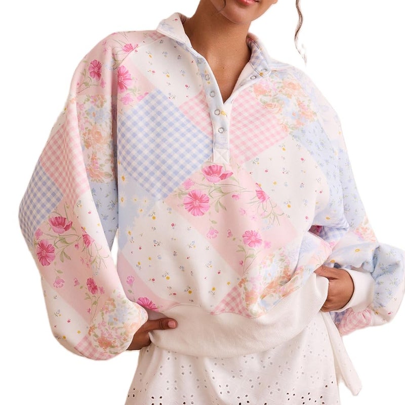 Mieeyali Women Oversized Floral Patchwork Sweatshirt Y2k Button Balloon Sleeve Pullover Top Aesthetic Going Out Sweatshirts (Pink, S) - Image 1