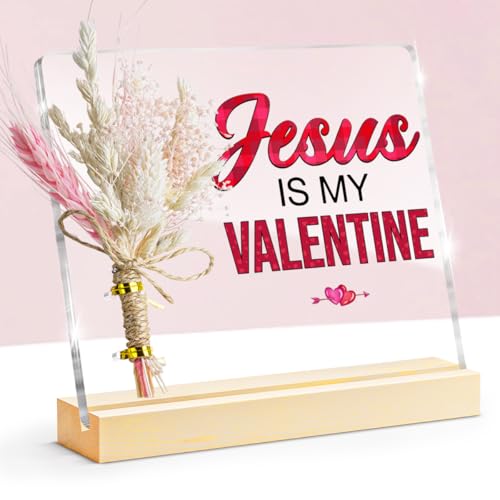 Oqtumes Valentines Gifts, Jesus Is My Valentine Decorative Sign, Bouquet Acrylic Sign With Wooden Stand for Office Desk Table Shelf - Image 1