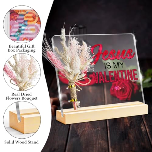 Oqtumes Valentines Gifts, Jesus Is My Valentine Decorative Sign, Bouquet Acrylic Sign With Wooden Stand for Office Desk Table Shelf - Image 3
