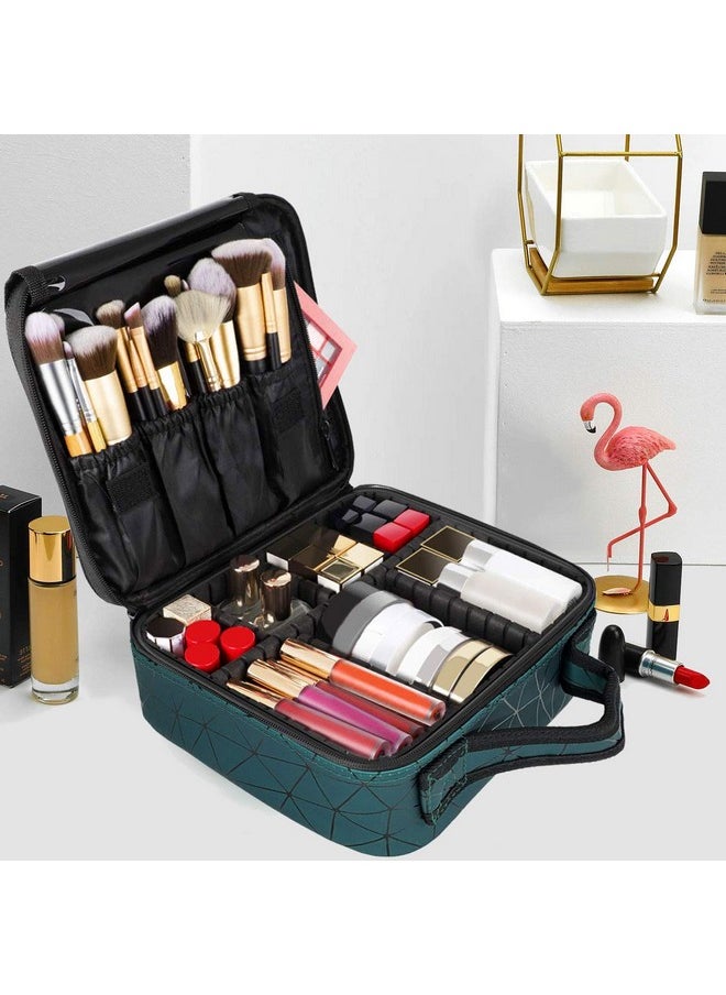 INOVERA (LABEL) INOVERA (LABEL) Faux Leather Makeup Organizer Bag for Women, Girls & Bride - Travel Cosmetic Kit Storage Organiser - Toiletry Vanity Box with Adjustable Compartment, 26l x 23b x 9h cm (Green Diamond)  - Image 3