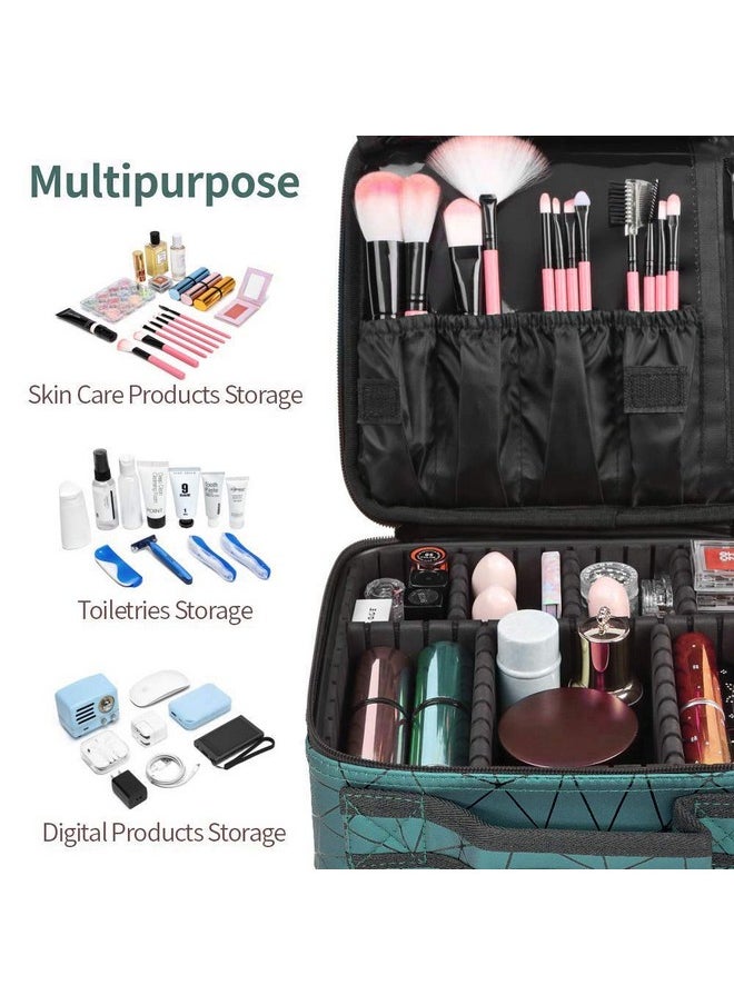 INOVERA (LABEL) INOVERA (LABEL) Faux Leather Makeup Organizer Bag for Women, Girls & Bride - Travel Cosmetic Kit Storage Organiser - Toiletry Vanity Box with Adjustable Compartment, 26l x 23b x 9h cm (Green Diamond)  - Image 4