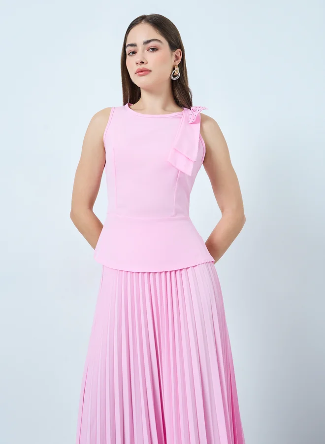 Styli Pink Bow-Knot Embellished Top and Pleated Maxi Skirt Co-Ords