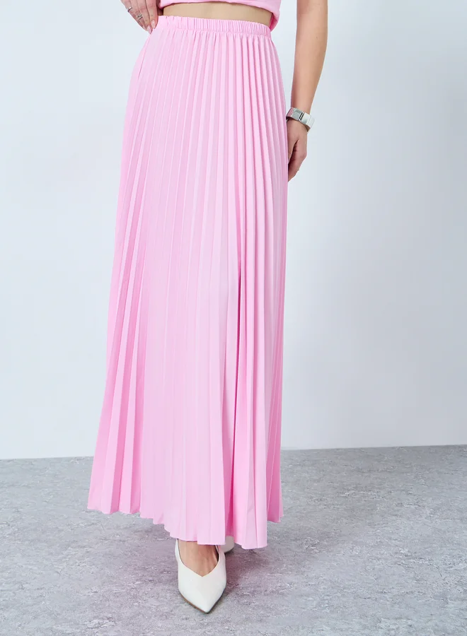Styli Pink Bow-Knot Embellished Top and Pleated Maxi Skirt Co-Ords