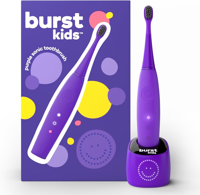 BURST kids Electric Toothbrush with Soft Charcoal Black Bristles, Small Head & Comfort Grip, 2 Minute Built in Timer, for Kids Ages 2+, Children Toothbrush for Healthier Smiles for, 2 Modes, Purple - Image 1