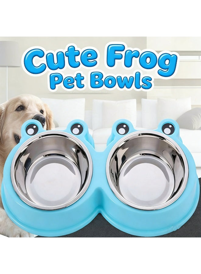 2-in-1 Elevated Pet Bowls Stainless Steel Dog Cat Food and Water Dish Non-Slip Double Bowls with Frog Shape Design for Small Medium Pets Feeding Supplies - Image 2