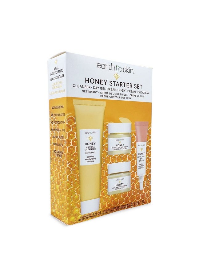 earth to skin - Facial Care Starter Set: Manuka Honey Cleanser (1.0 Fl Oz) Day Gel Cream (0.5 Fl Oz) Night Cream (0.5 Fl Oz) And Royel Jelly Eye Cream (0.23 Fl Oz) - Image 1