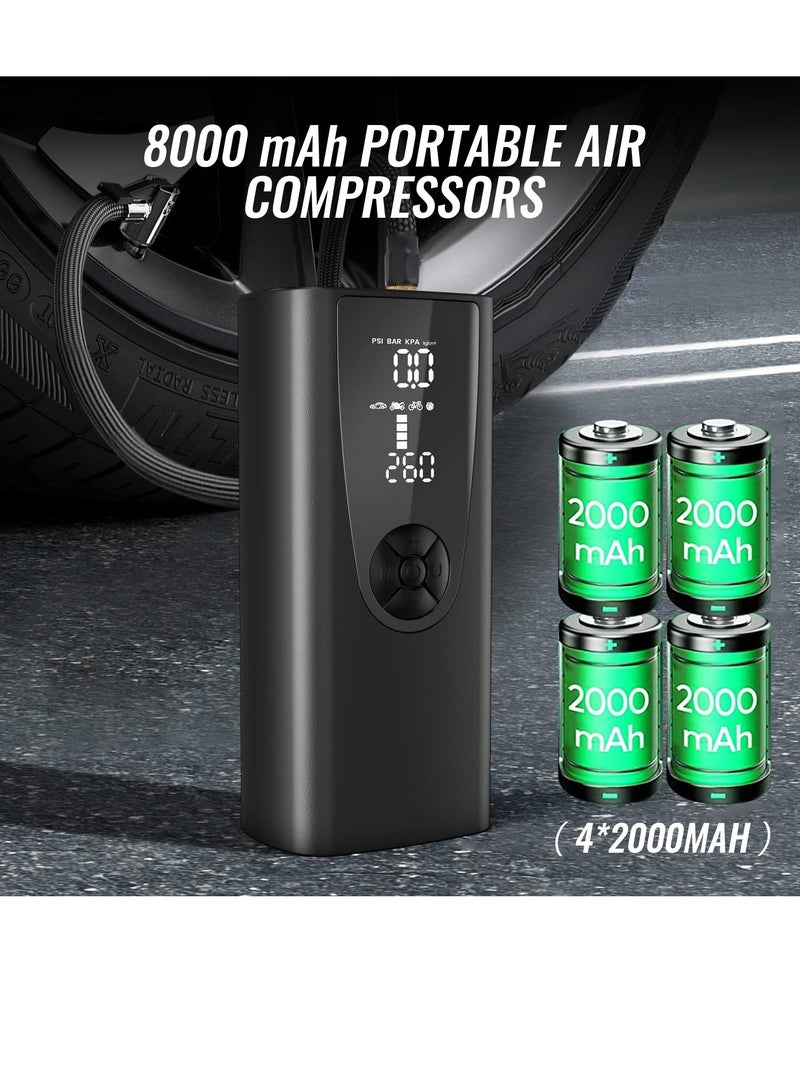 Air Compressor Portable Tyre Inflator 8000mAh Rechargeable Bike Pump Cordless Air Pump with Digital Display Power Bank LED Light Digital Pressure Gauge for Car Bike Motorcycle Ball - Image 2