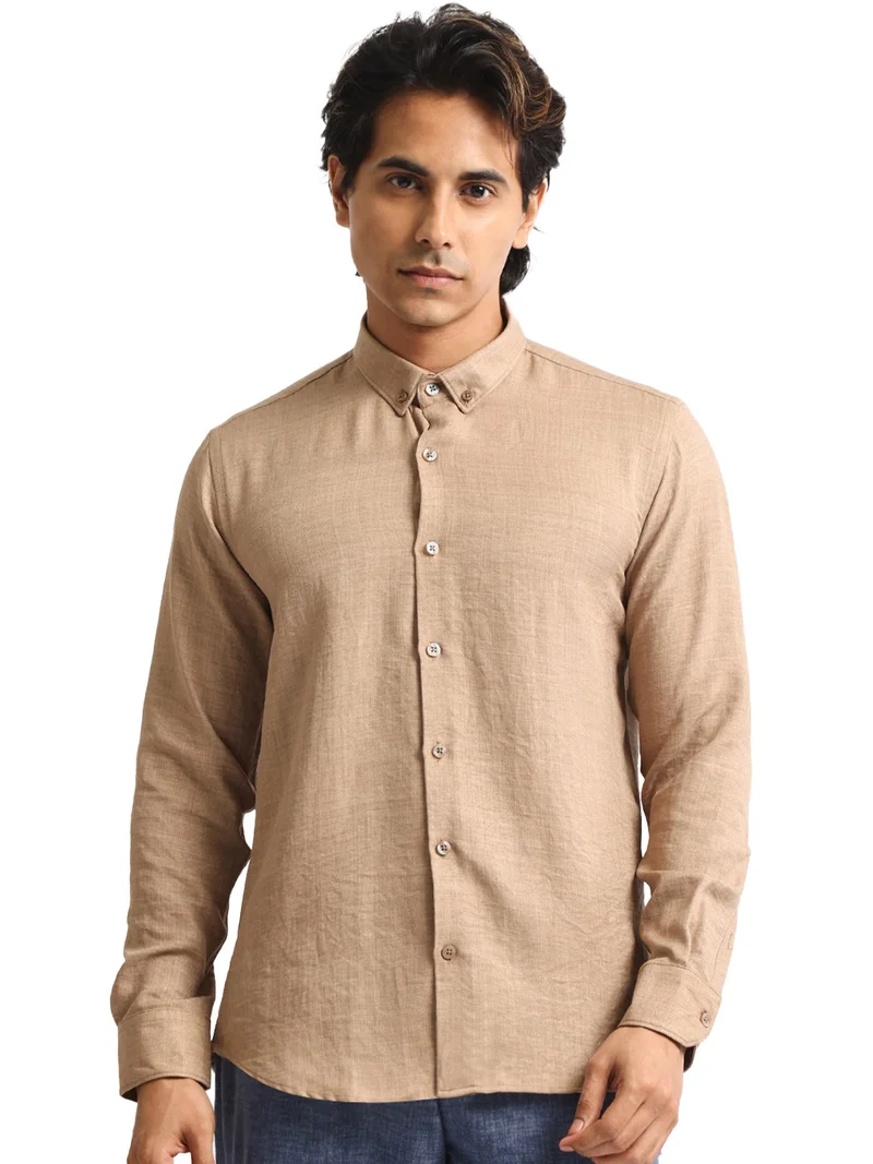 مانياك Maniac Mens Solid collared Neck Full Sleeve Super Twill Fabric Khaki Shirt