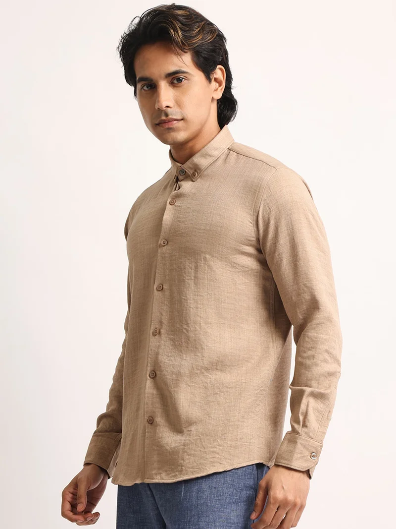 Maniac  Maniac Mens Solid collared Neck Full Sleeve Super Twill Fabric Khaki Shirt for Men | Best Price UAE