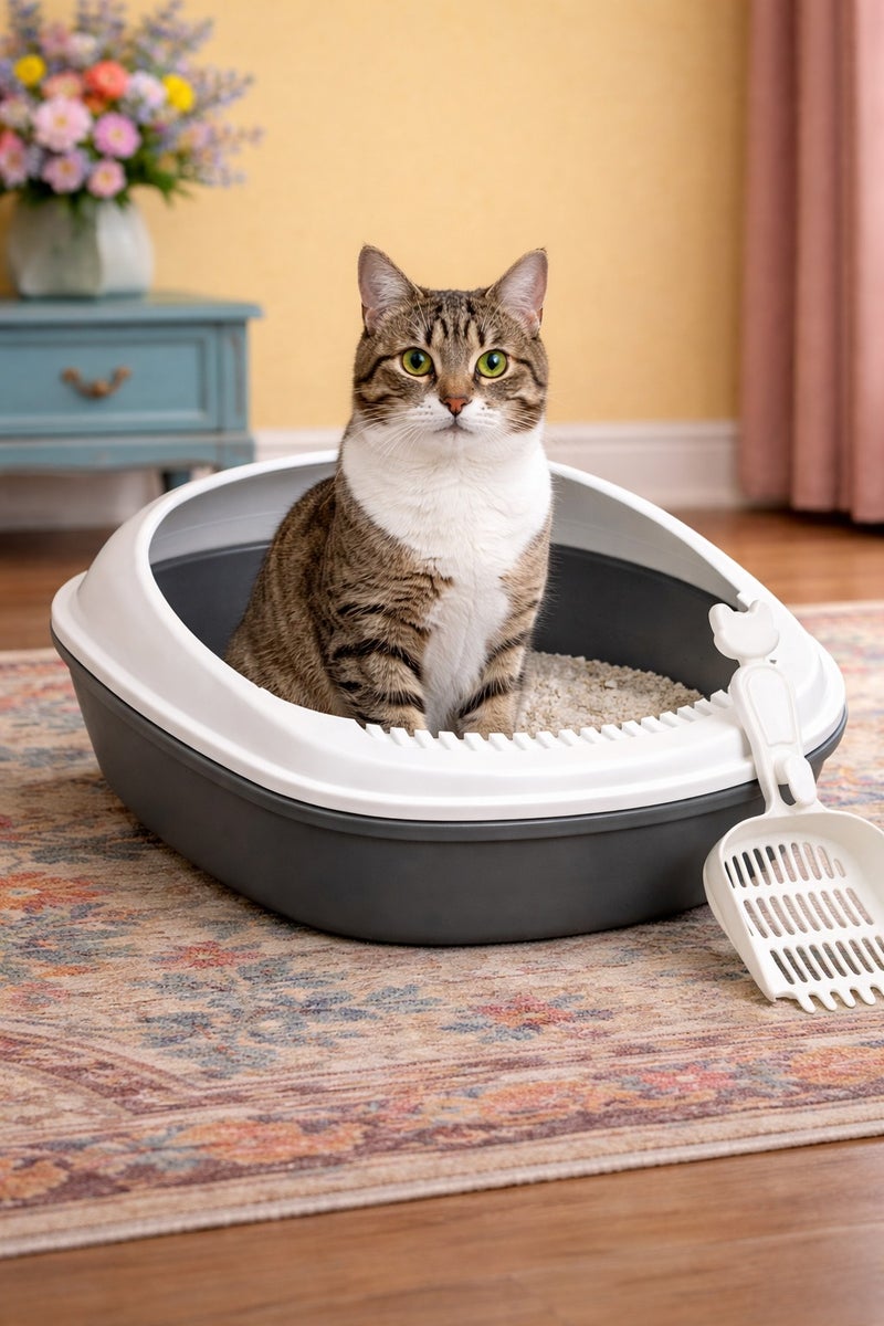 vsell24 Grey Cat Litter Box with Scoop – Deep Easy-Clean Tray–56×42×26.5 cm - Image 2