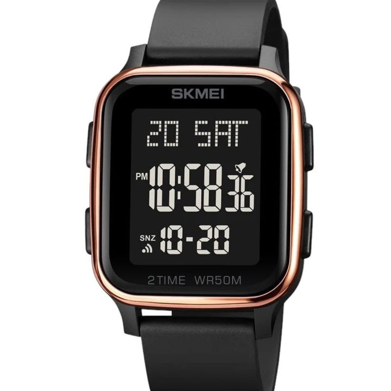1858 Digital Sports Watch, 50M Water Resistant, Chronograph and Alarm, Two Time Display, Black Strap (rose)
