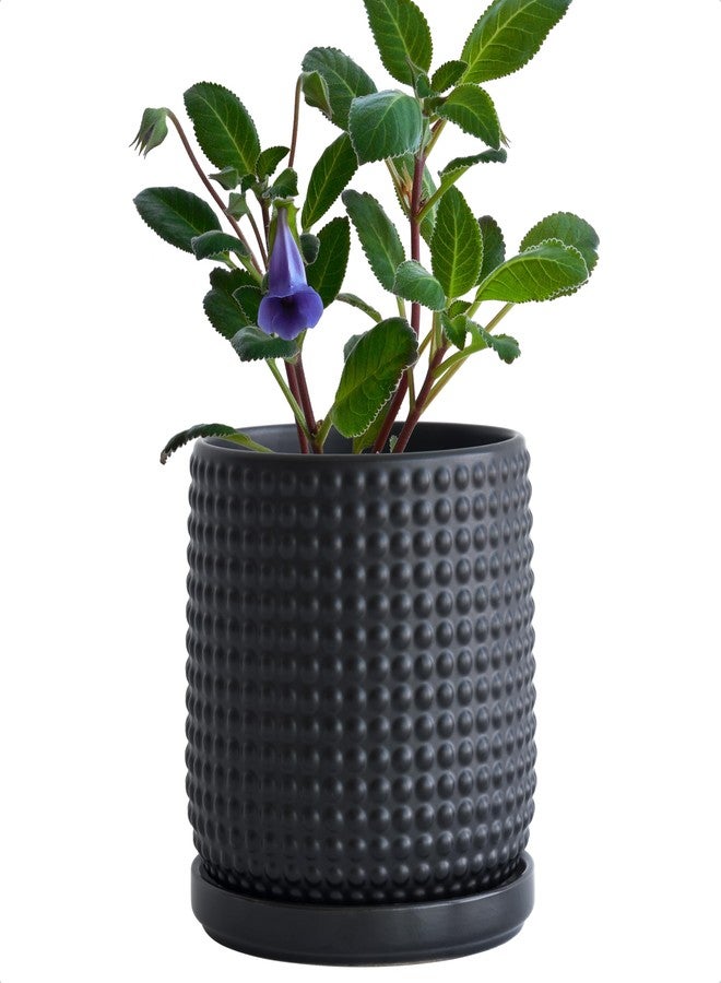 D'vine Dev 6 Inch Ceramic Beaded Stoneware Planter Pot - Flower Pot with Drainage Holes and Saucers for Indoor Succulent Plants or Flowers, Ebony Matte, 27-C-X-6 - Image 1