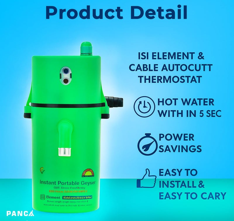 PANCA Auto Cut-Off Instant Water Heater | Portable Electric Geyser for Bathroom, Kitchen, Office, Saloon & Home | Shockproof Fast Heating Mini Hot Water Device | Energy Efficient (Green) - Image 3