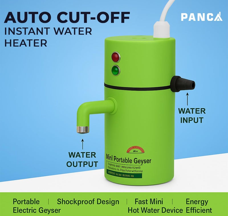 PANCA Auto Cut-Off Instant Water Heater | Portable Electric Geyser for Bathroom, Kitchen, Office, Saloon & Home | Shockproof Fast Heating Mini Hot Water Device | Energy Efficient (Green) - Image 2
