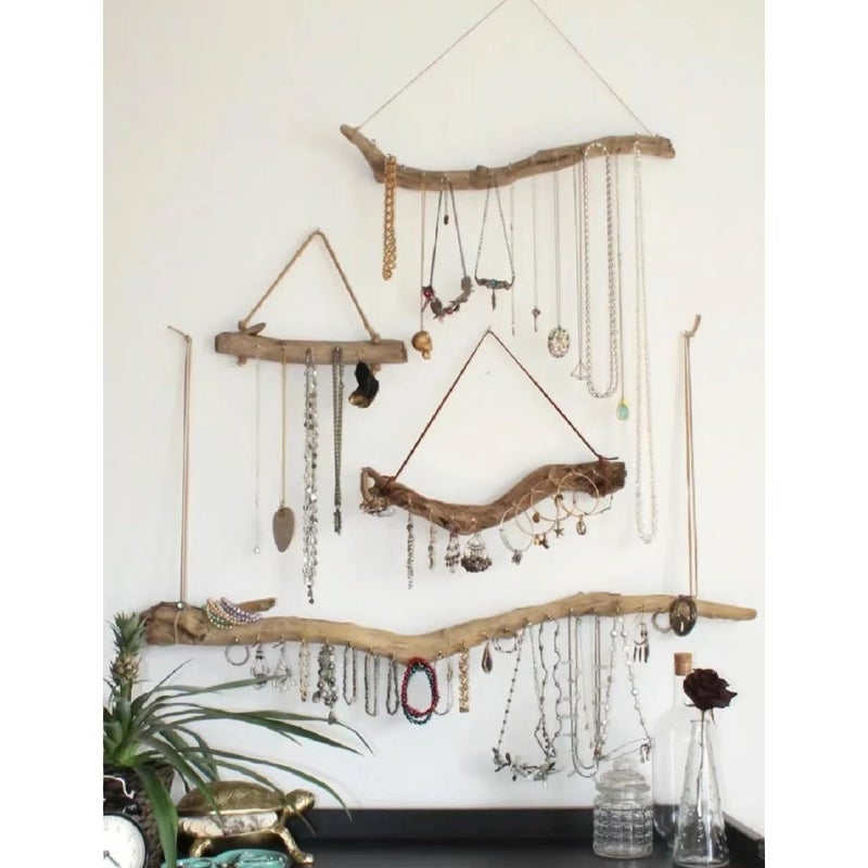 Qenk 2Pcs 15 Inch Natural Driftwood Decorative Branches Farmhouse Home Wall Hanging Decor Hanging Jewelry Organizers with 5 Hooks - Image 3