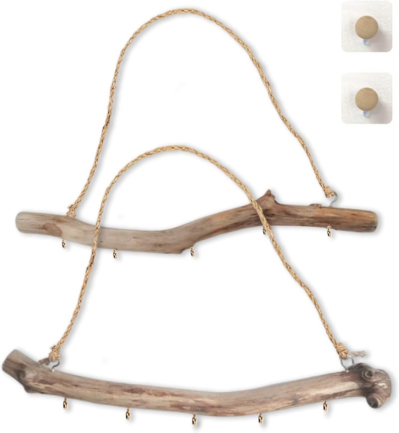 Qenk 2Pcs 15 Inch Natural Driftwood Decorative Branches Farmhouse Home Wall Hanging Decor Hanging Jewelry Organizers with 5 Hooks - Image 1