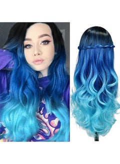 Long Hair Body Wave Ombre Bluish Teal Blue Wigs For Black And White Women 3 Tone Colors Middle Part Heat Resistant Navy Blue Wig Synthetic Hair Wigs (Ombre Blue)