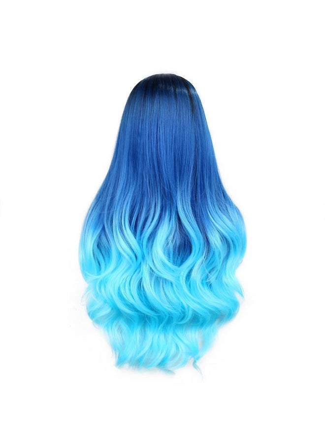 HANNE - Long Hair Body Wave Ombre Bluish Teal Blue Wigs For Black And White Women 3 Tone Colors Middle Part Heat Resistant Navy Blue Wig Synthetic Hair Wigs (Ombre Blue) - Image 1