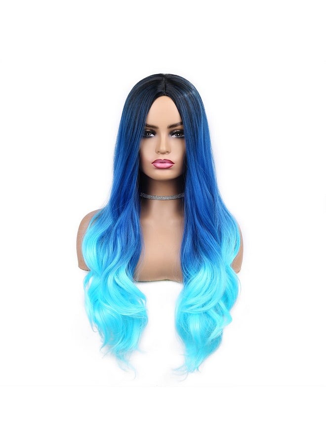 HANNE - Long Hair Body Wave Ombre Bluish Teal Blue Wigs For Black And White Women 3 Tone Colors Middle Part Heat Resistant Navy Blue Wig Synthetic Hair Wigs (Ombre Blue) - Image 1