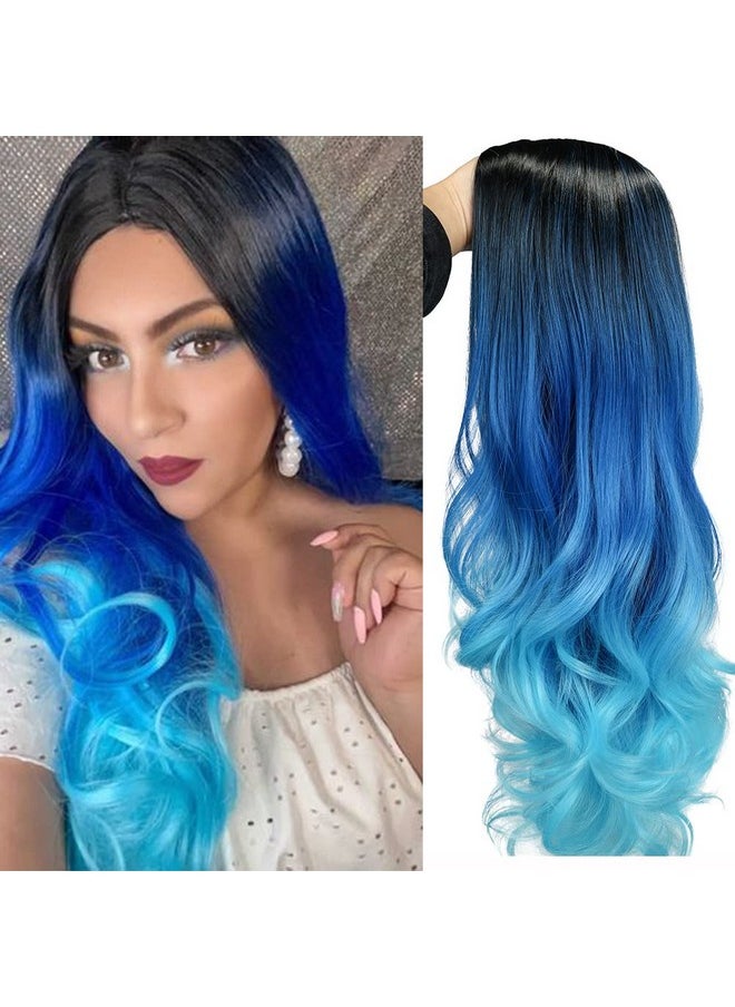 HANNE - Long Hair Body Wave Ombre Bluish Teal Blue Wigs For Black And White Women 3 Tone Colors Middle Part Heat Resistant Navy Blue Wig Synthetic Hair Wigs (Ombre Blue) - Image 1