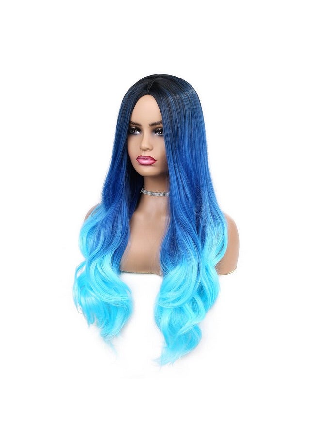HANNE - Long Hair Body Wave Ombre Bluish Teal Blue Wigs For Black And White Women 3 Tone Colors Middle Part Heat Resistant Navy Blue Wig Synthetic Hair Wigs (Ombre Blue) - Image 1