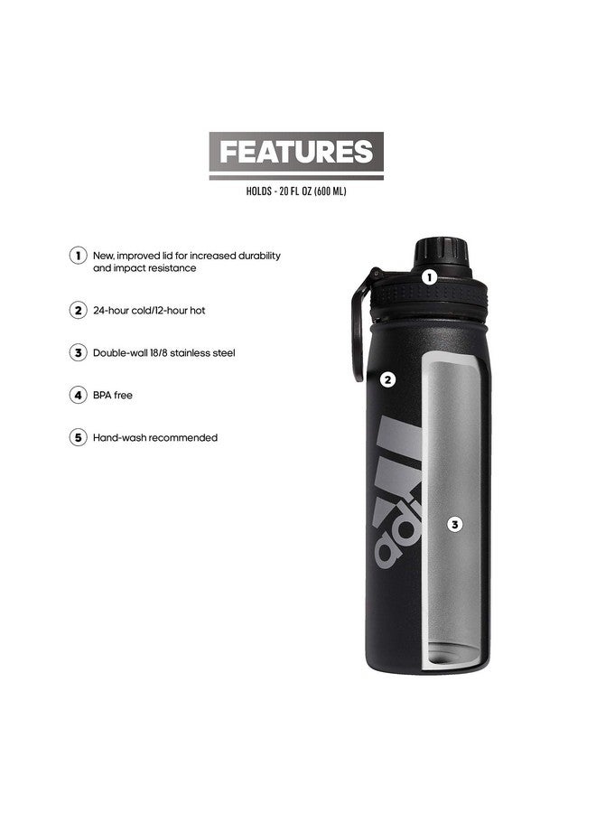 Adidas adidas 600 ML (20 oz) Metal Water Bottle, Hot/Cold Double-Walled Insulated 18/8 Stainless Steel, Black/Silver Metallic, One Size  - Image 3