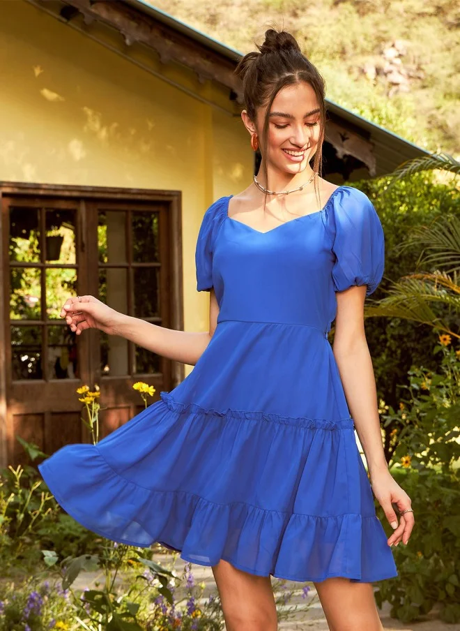 SASSAFRAS Blue Georgette Fit & Flare Mini Dress for Women