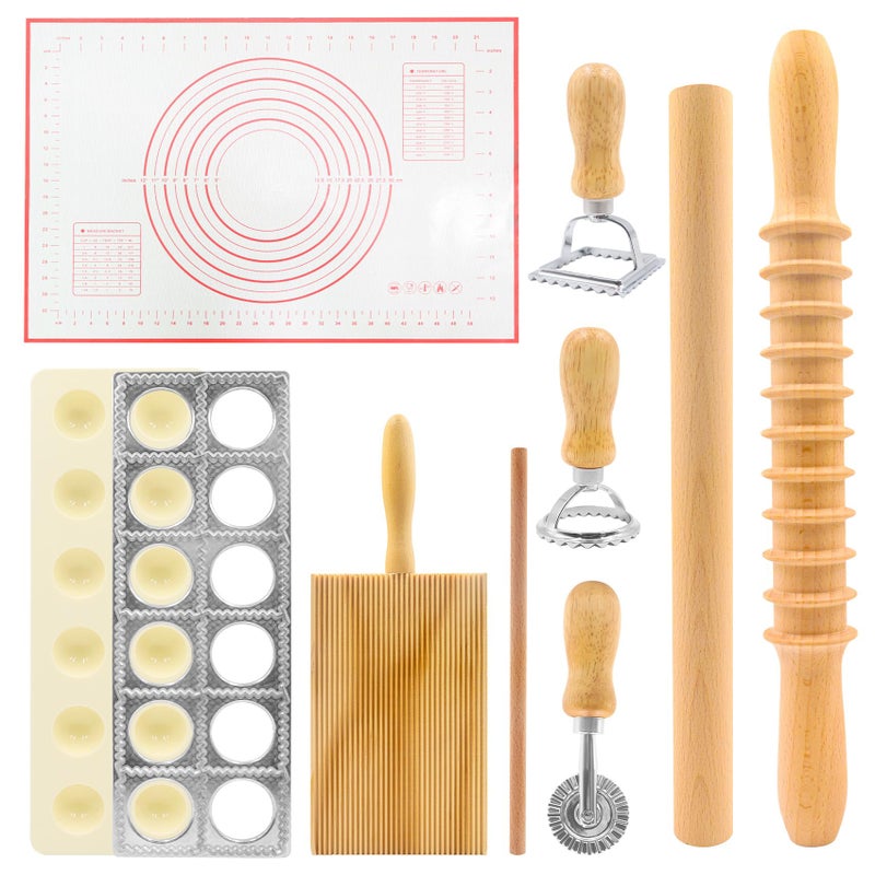 GIASSVIO 8in1 Ravioli Gnocchi Pasta Dumpling Noodle Maker Cutter Press Mold Stamp - Pasta Manual Accessories Homemade Essentials Making Tool Kit w/Silicone Pastry Mats, Wooden Dough Roller Rolling Pin - Image 1