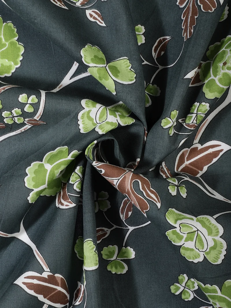 AKS  Botanical Vine Print Fabric Charcoal Grey & Moss Green  | Best Price UAE