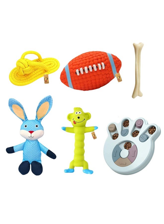 Generic 6-In-1 Toys Gift Box For Small To Medium Dog (Deluxe Kit) | Slipper Rope, Nylon Bone, Rabbit Plush Toy, Green Monkey Squeaky Toy, Paw Puzzle Toy, American Rugby  - Image 1