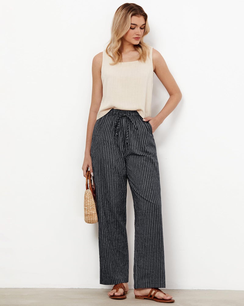 GRAPENT Black High Waisted Pants Black Pants for Women Cotton for Women Resort Outfits Ladies Women's White Stripe Size Large US 12 to 14 - Image 4