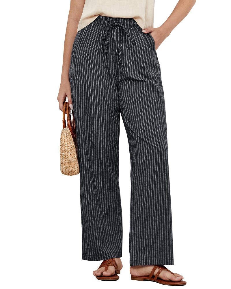 GRAPENT Black High Waisted Pants Black Pants for Women Cotton for Women Resort Outfits Ladies Women's White Stripe Size Large US 12 to 14 - Image 1