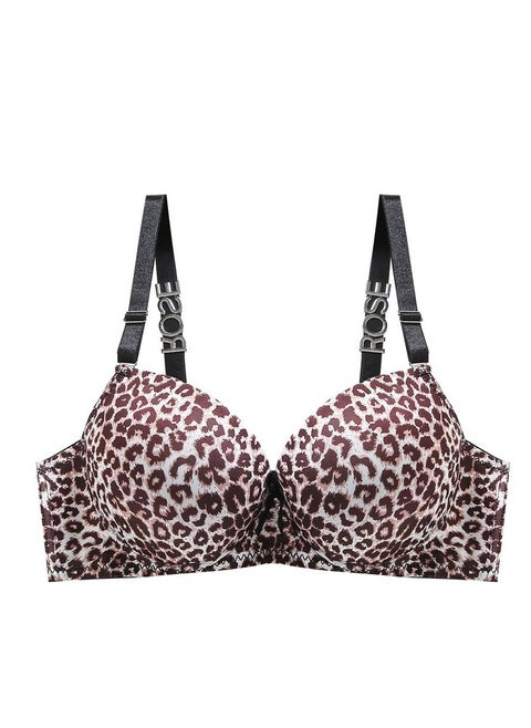 Stylish Leopard Print Padded Underwire Bra with Rhinestone Strap Lettering and Bow Detail