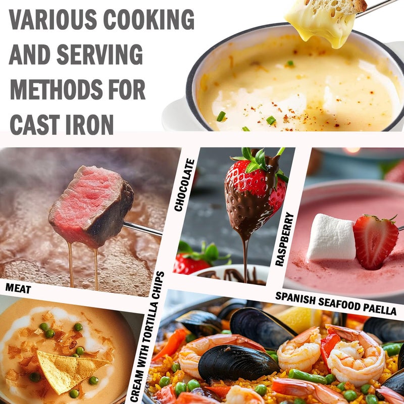 Artestia Artestia Cast Iron Fondue Pot Set for Chocolate Cheese Swiss Fondue Pot Set for Meat with 6 Fondue Forks, Cheese Camping Fondue Set Serve 6 Persons(White)  - Image 5