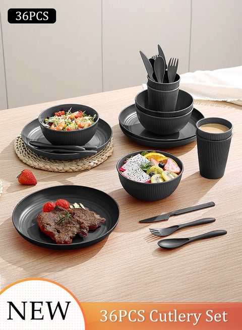 32pcs Wheat Straw Dinnerware Set Unbreakable and Reusable Light Weight Dinner Set Black Portable Outdoor Camping Dishes Set Plates Bowls Cups Tableware Set