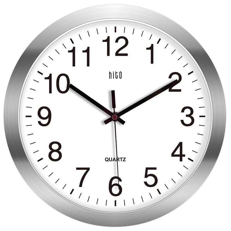HITO 12 Inch Silent Wall Clock Battery Operated Non Ticking Glass Cover Silver Aluminum Frame for Kitchen Bedroom Home Office Living Room Decor