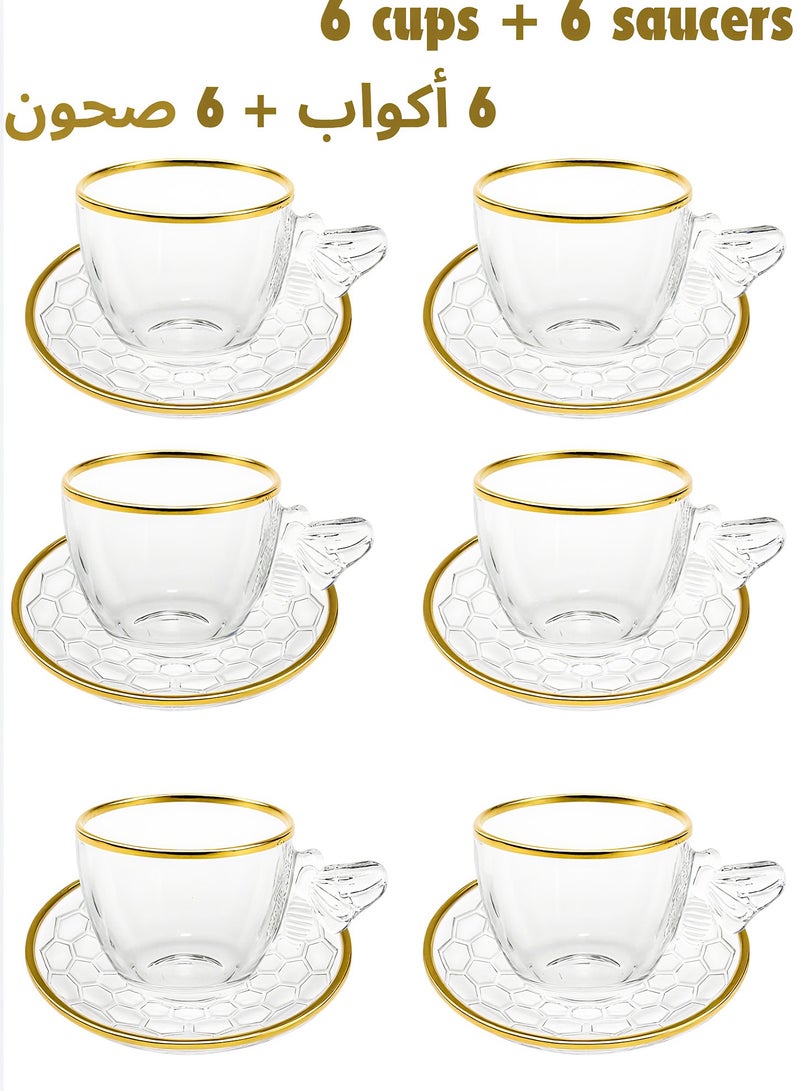 يولولاند طقم أكواب شاي وقهوة شفاف مكون من 12 قطعة مع صحون - تصميم أنيق بحافة ذهبية مع مقابض جميلة طقم زجاج فاخر، 6 أكواب شفافة و6 صحون زجاجية شفافة؛ أكواب إسبرسو للماتشا والحليب والشاي والعصير والمشروبات الساخنة أو المثلجة 200 مل - Image 1