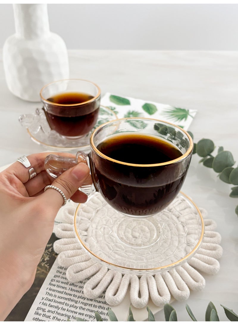 يولولاند طقم أكواب شاي وقهوة شفاف مكون من 12 قطعة مع صحون - تصميم أنيق بحافة ذهبية مع مقابض جميلة طقم زجاج فاخر، 6 أكواب شفافة و6 صحون زجاجية شفافة؛ أكواب إسبرسو للماتشا والحليب والشاي والعصير والمشروبات الساخنة أو المثلجة 200 مل - Image 2