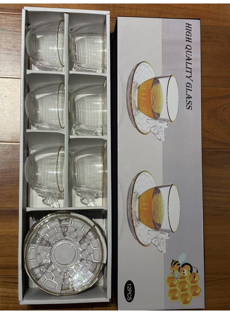 يولولاند طقم أكواب شاي وقهوة شفاف مكون من 12 قطعة مع صحون - تصميم أنيق بحافة ذهبية مع مقابض جميلة طقم زجاج فاخر، 6 أكواب شفافة و6 صحون زجاجية شفافة؛ أكواب إسبرسو للماتشا والحليب والشاي والعصير والمشروبات الساخنة أو المثلجة 200 مل - Image 3