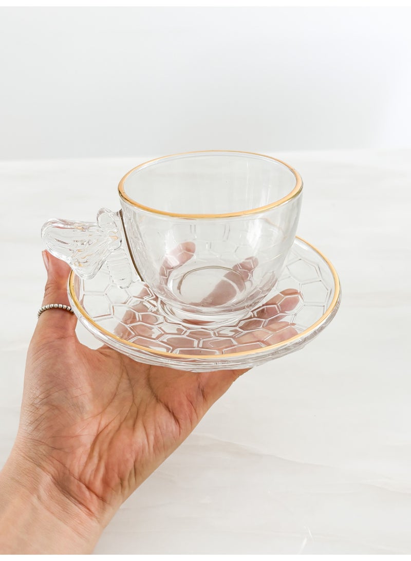 يولولاند طقم أكواب شاي وقهوة شفاف مكون من 12 قطعة مع صحون - تصميم أنيق بحافة ذهبية مع مقابض جميلة طقم زجاج فاخر، 6 أكواب شفافة و6 صحون زجاجية شفافة؛ أكواب إسبرسو للماتشا والحليب والشاي والعصير والمشروبات الساخنة أو المثلجة 200 مل - Image 4