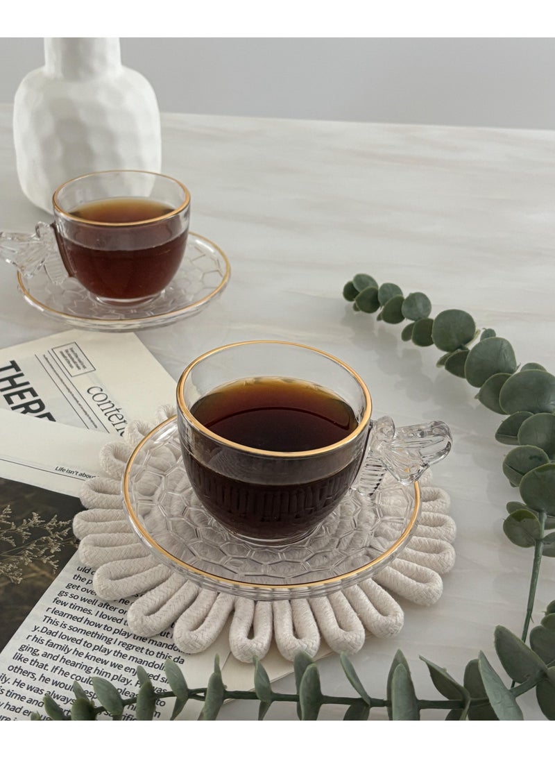يولولاند طقم أكواب شاي وقهوة شفاف مكون من 12 قطعة مع صحون - تصميم أنيق بحافة ذهبية مع مقابض جميلة طقم زجاج فاخر، 6 أكواب شفافة و6 صحون زجاجية شفافة؛ أكواب إسبرسو للماتشا والحليب والشاي والعصير والمشروبات الساخنة أو المثلجة 200 مل - Image 5