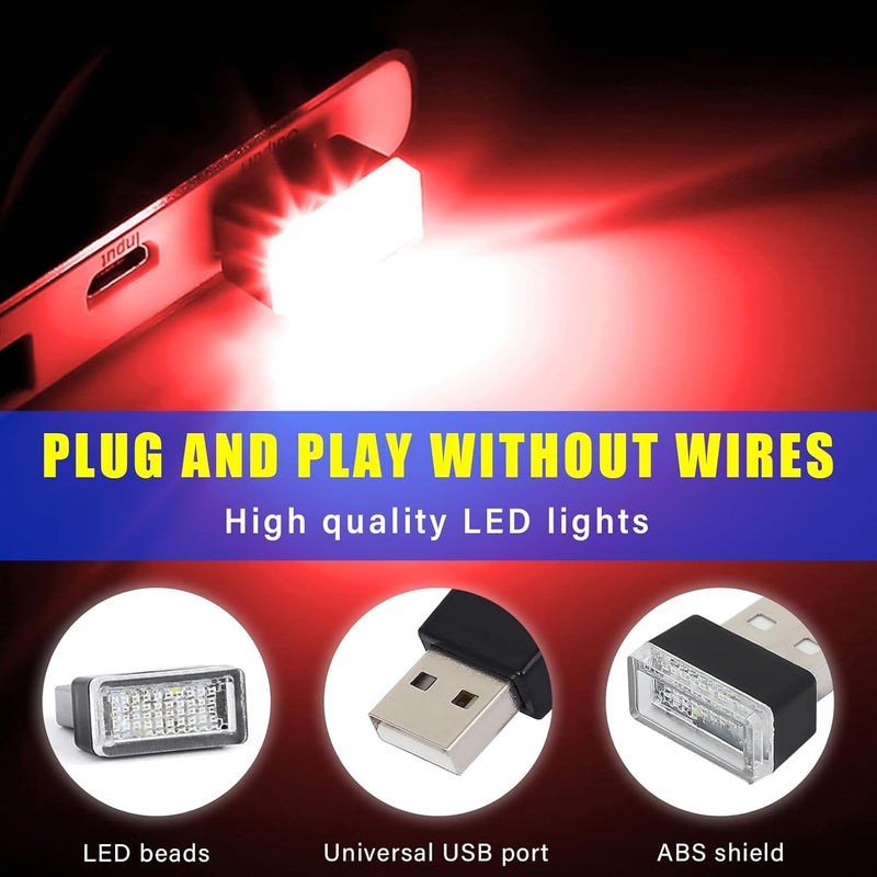 Augeny 4 PCS USB LED Car Interior Atmosphere Lamp, Plug-in USB Decor Night Light, Portable Auto Ambient Lighting Kit, Universal Vehicle Interior Accessories for Most Cars (White & Red) - Image 3